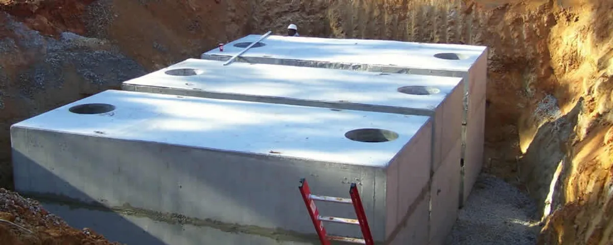 Septic tank installation site with a newly placed concrete tank in Orange, CA