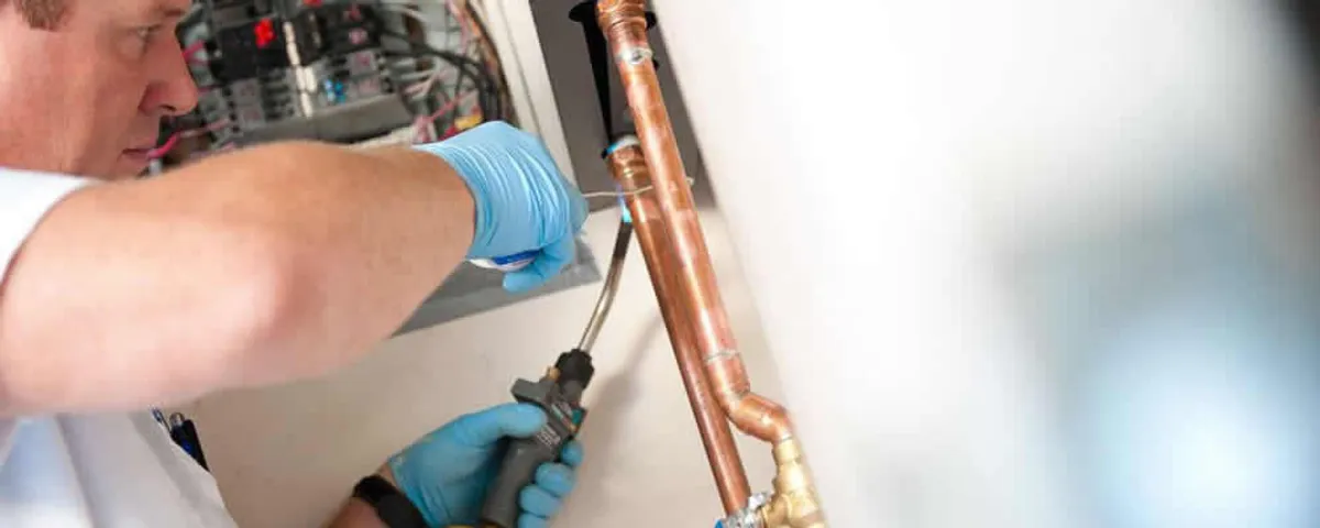 Water heater repair technician testing copper pipe connections and controls in Orange, CA
